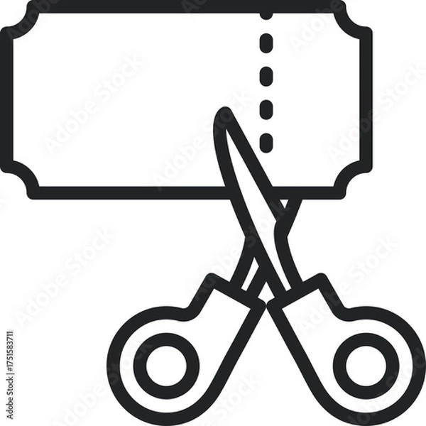 Fototapeta Black Outline Icon of Scissors Cutting A Coupon With Dotted Perforation Line On Transparent Background