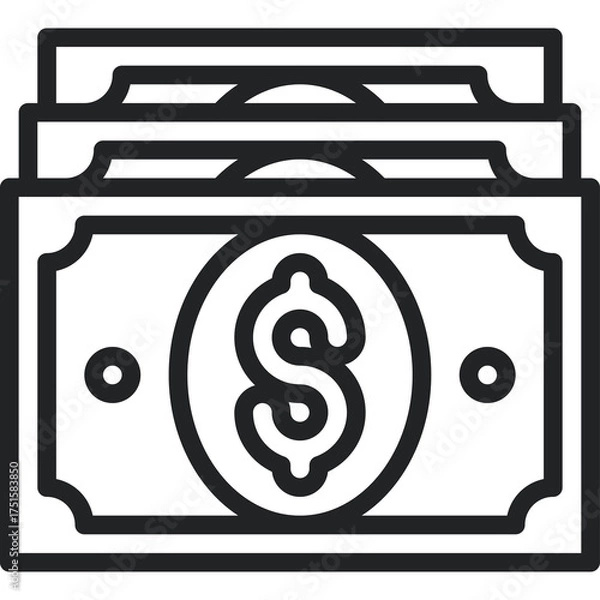 Fototapeta Black Outline Illustration of Stacked Dollar Bills on a Transparent Background Representing Wealth and Finance