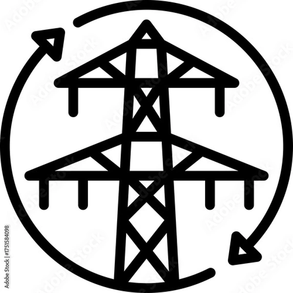 Fototapeta Black Silhouette of a High Voltage Power Transmission Tower with Circular Arrows Indicating Energy Flow and Sustainability on a Transparent Background