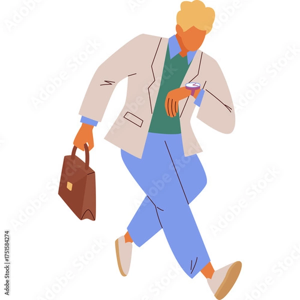 Fototapeta Blond Haired Man In Light Gray Blazer Green Sweater And Blue Pants Checks His Smartwatch While Carrying A Brown Briefcase