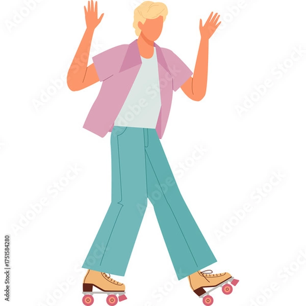 Fototapeta Blonde Haired Man Wearing A Pink Button Up Shirt And Teal Pants Roller Skating With Arms Raised In A Fun Pose On A White Background