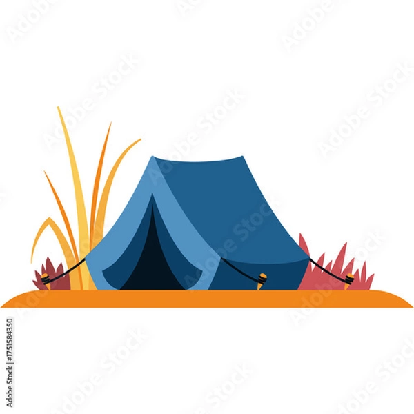 Fototapeta Blue Camping Tent Set Up On Orange Ground With Yellow Grass And Red Bushes In The Daytime Ecology Outline Illustration
