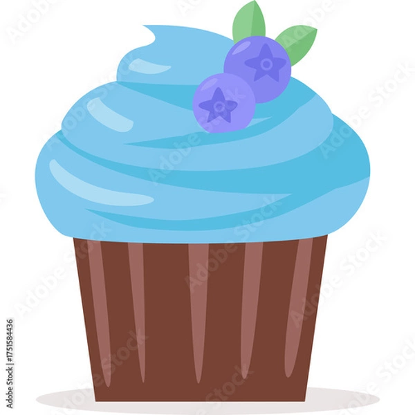 Fototapeta Blue Cupcake With Light Blue Frosting Topped With Two Blueberries And Green Leaves On A White Transparent Background