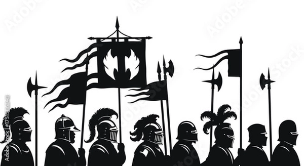 Fototapeta Medieval Army Silhouette with Flags and Weapons.