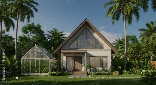 Fototapeta Modern A-Frame House with Greenhouse in Tropical Setting