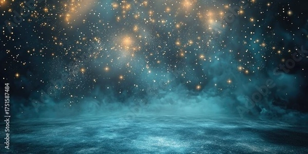 Fototapeta A dark, starry sky with a blue and green gradient, a concrete floor, and a foggy atmosphere, creating a mysterious and ethereal setting.