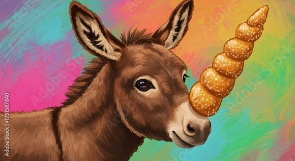 Obraz A whimsical and funny digital illustration of a brown donkey with a horn made of stacked donuts against a vibrant, colorful background