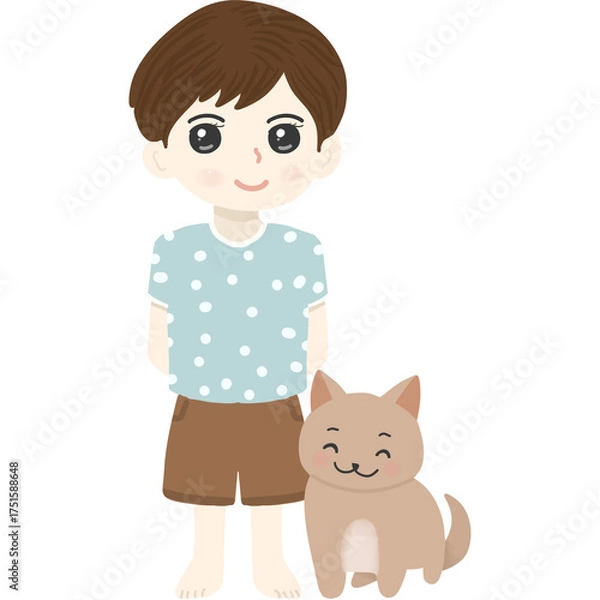 Fototapeta Adorable pastel illustration of a smiling boy with short brown hair standing beside a happy brown dog. Perfect for children’s book designs, pet-themed artwork, nursery prints, stickers.