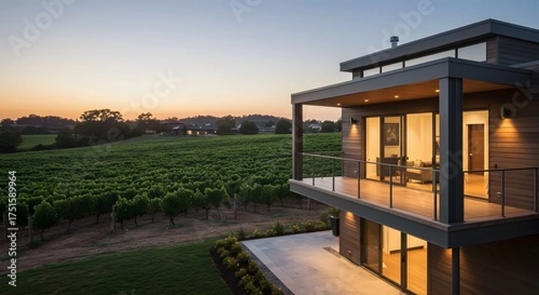 Fototapeta Modern Home Overlooking Vineyard at Sunset