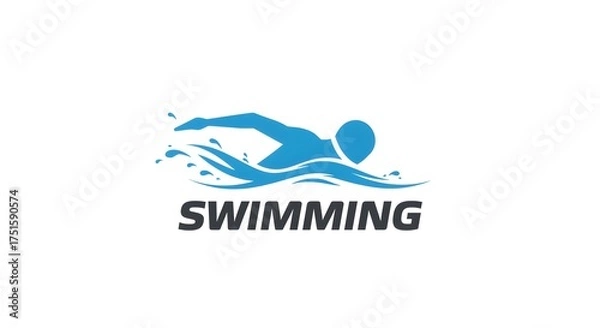 Obraz A stylized blue silhouette of a swimmer in motion, with water splashes around them, and the word SWIMMING below