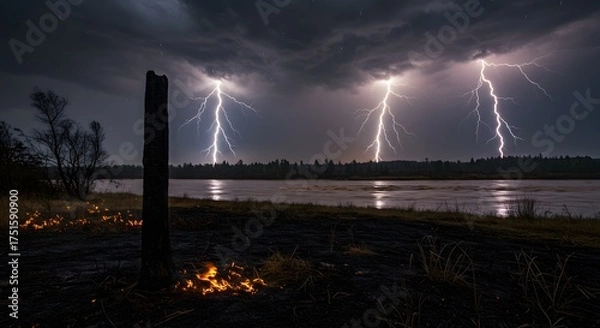 Obraz Dramatic thunderstorm over a lake at dusk, lightning strikes illuminate the dark sky