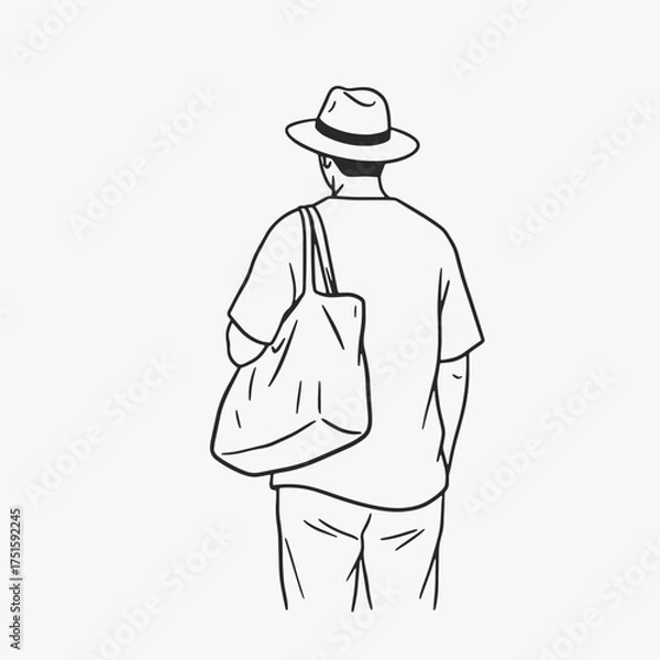 Fototapeta The casual town man in a hat with a big bag walks in the summer outdoors, in a realistic and relaxed mood, looking ahead.