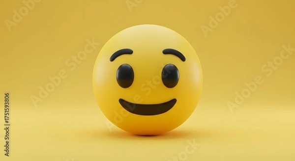 Obraz Smiling emoji face, a classic symbol of happiness and positive emotions, rendered in 3D with a smooth texture against a vibrant yellow background