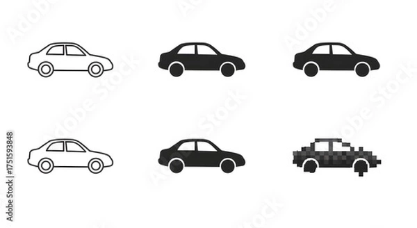 Obraz Car Icons Set Line Art, Solid Fill, and Pixel Art Car Designs