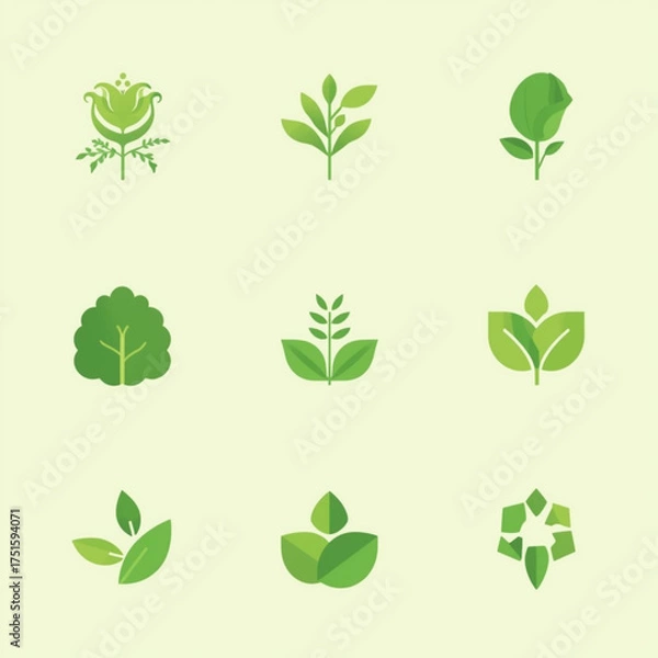 Obraz A collection of minimalist green leaf and plant icons symbolizing nature, growth, and organic elements