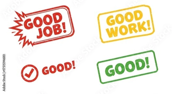 Obraz Collection of motivational text badges 'Good job,' 'Good work,' and 'Good!'