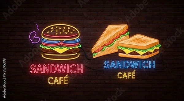 Obraz Dynamic neon glowing signs featuring delicious sandwiches and classic burgers, perfect for a modern café or restaurant branding with an inviting, illuminated aesthetic