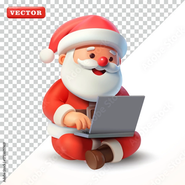 Fototapeta Santa Claus sitting cross-legged while using a laptop, 3D vector. Suitable for events, business and technology