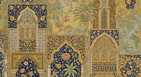 Fototapeta Ornamental pattern design with floral and architectural elements