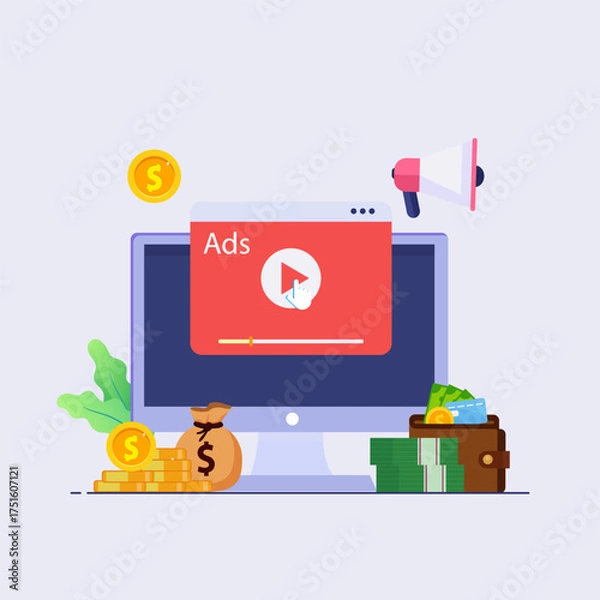Fototapeta concept of Pay per click, PPC, paid advertising campaign displays ads on websites that generate revenue for publishers, Advertising or advertising, Promoting a brand to an audience, internet.
