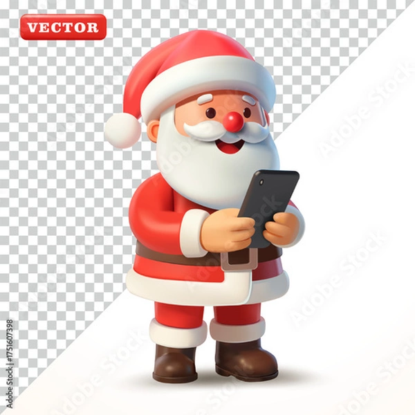 Fototapeta Santa Claus using a smartphone, 3d vector. Suitable for events, business and technology