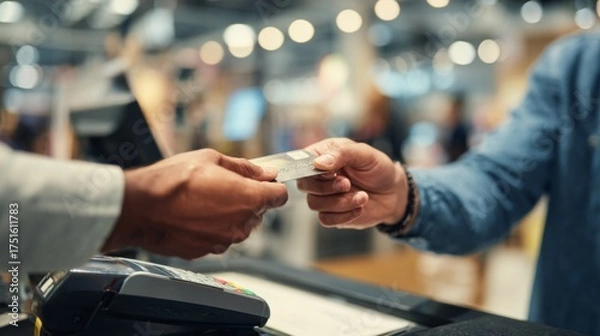 Fototapeta Person handing credit card to merchant at checkout counter in store  