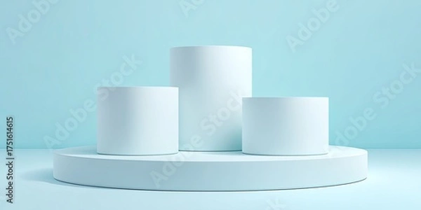 Fototapeta Simple white cylinder podiums on light blue background