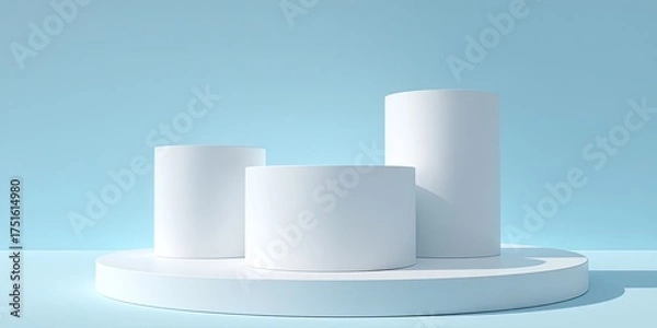 Fototapeta Three white cylinders on a light blue platform