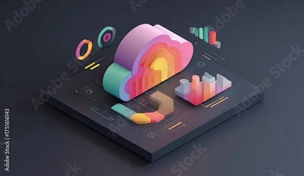 Fototapeta Abstract isometric graphic of a cloud and data visualization elements
