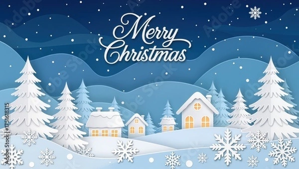 Fototapeta Peaceful snowy village scene upon the calm Christmas night, featuring glowing houses, pine trees, and falling snow under a dark blue sky, creating a cozy and festive winter atmosphere