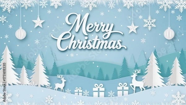 Fototapeta Festive Merry Christmas winter landscape featuring reindeer, snow-covered trees, and gift boxes under falling snowflakes within soft blue tones, creating the calm and joyful holiday atmosphere