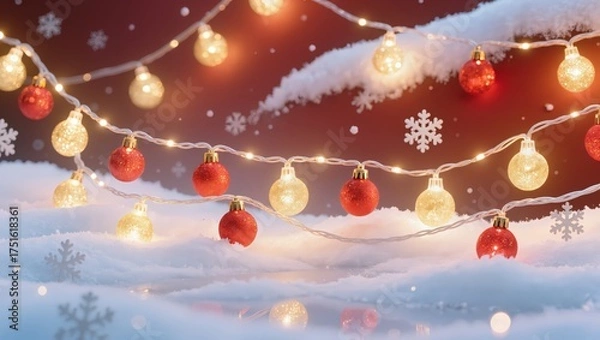 Fototapeta Festive red and gold Christmas ornaments featuring glowing string lights hang above soft snow under the warm evening glow, creating a cozy winter holiday atmosphere with gentle reflections
