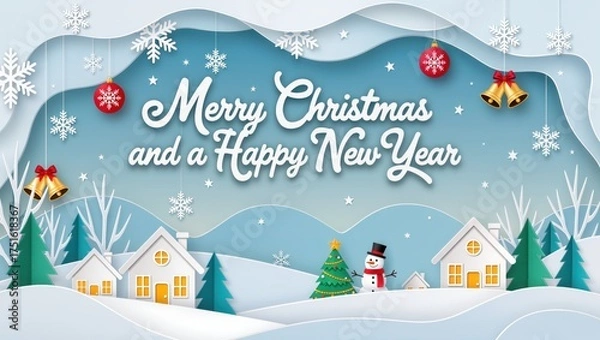 Fototapeta Cheerful winter village illustration featuring snow-covered houses, pine trees, and the snowman under a bright sky, featuring a festive Christmas and New Year greeting within warm seasonal colors