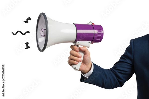 Fototapeta Man in suit holding a megaphone isolated on transparent background