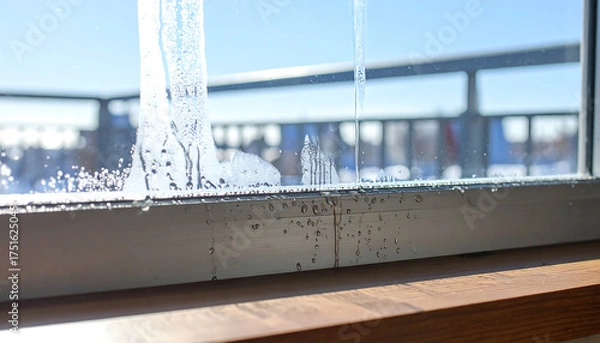 Obraz 冬の窓に浮かぶアルミサッシの結露と水滴が作る静かな生活の一瞬