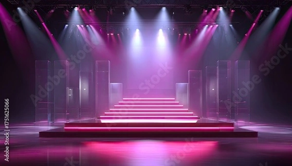 Fototapeta Stage with pink stairs and lights