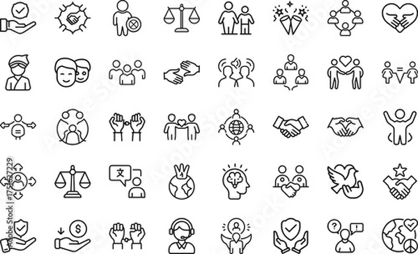 Fototapeta Diversity And Inclusion Concept icon set. With diversity, equality, inclusion, human, rights, community, unity, ethnicity, gender And Tolerance Symbols Vector Icon Set On White Background.