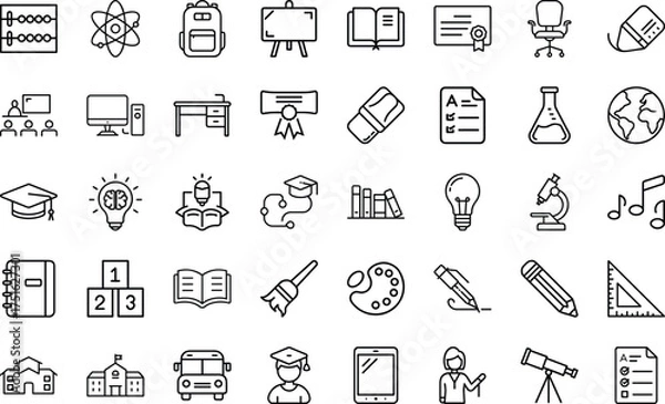 Fototapeta Education And School Concept Icon set. With Learning Materials Books, Students, Study,   knowledge, lesson, teacher, training, university And Classroom Design Vector Icon Set On White Background.