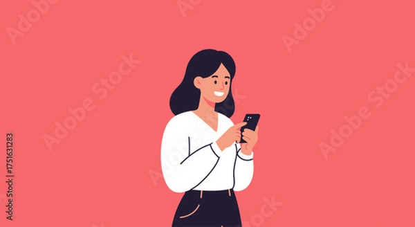 Obraz Smiling young woman using her smartphone for texting and browsing social media. Flat vector illustration of a girl with a mobile phone