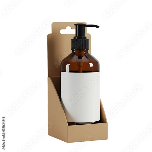 Obraz A brown glass bottle with a black pump dispenser sits in a cardboard display holder. Isolated on a Transparent Background, PNG, Cutout