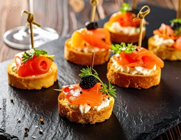 Fototapeta Smoked salmon canap?s on toasted bread, garnished with cream cheese, caviar, and herbs, served on a black slate
