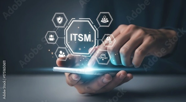 Fototapeta Person using smartphone with ITSM icons and network connections