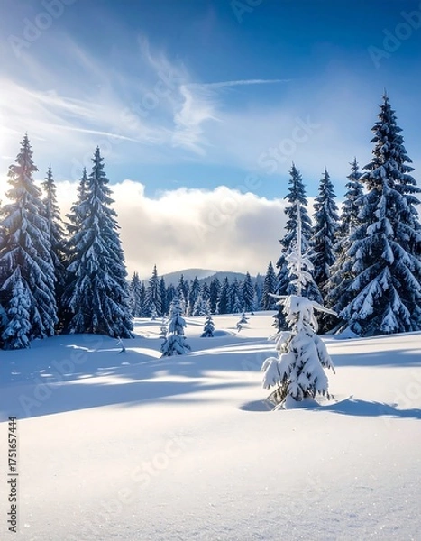 Fototapeta Snow-covered evergreen trees in a sun-drenched winter mountain landscape