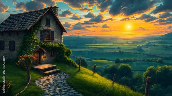 Fototapeta A beautiful landscape showcasing a charming stone house covered in greenery, positioned on a hill overlooking vast green fields at sunset. The sky is ablaze with vibrant golden and orange hues, creati