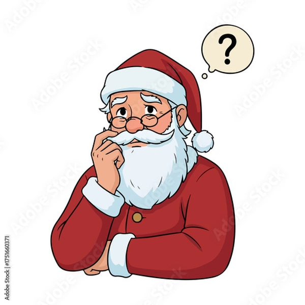 Fototapeta Confused Santa Claus cartoon character thinking with a question mark.