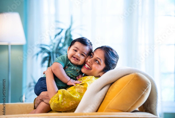 Fototapeta Indian mom and infant son cuddling on sofa, smiling warmly in bright, modern home