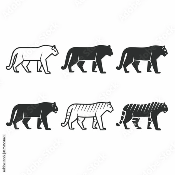 Fototapeta Six tigers in different styles, showcasing a variety of design and color options