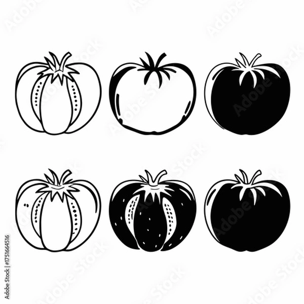 Fototapeta Collection of six tomato icons in black and white, each with a unique design