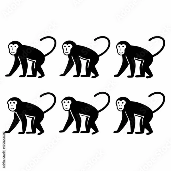 Fototapeta Six black monkey icons in a row, , perfect for pattern designs and backgrounds