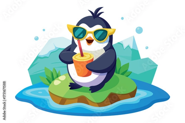 Obraz A cool penguin enjoying a drink on a small island, embodying relaxation and summer vibes isolated on white background